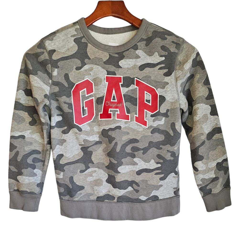 Gap Kids Boys Gray Camouflage Crew Neck Kidcore Sweatshirt with Logo